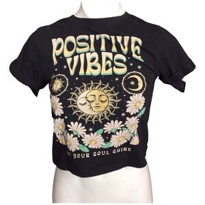Vibe Black Baby Tee with Positive Vibes and Floral Design